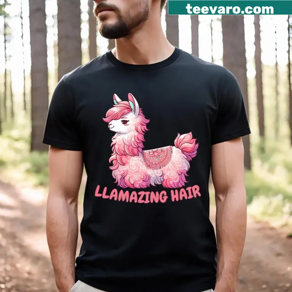 Cartoon llama with pink hair on a hairstylist T-shirt