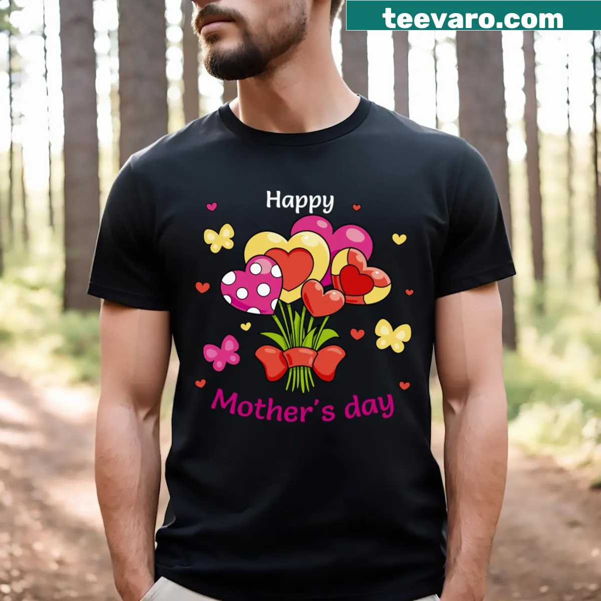 Happy Mothers Day T-shirt with a bouquet of colorful hearts — on a men's t-shirt