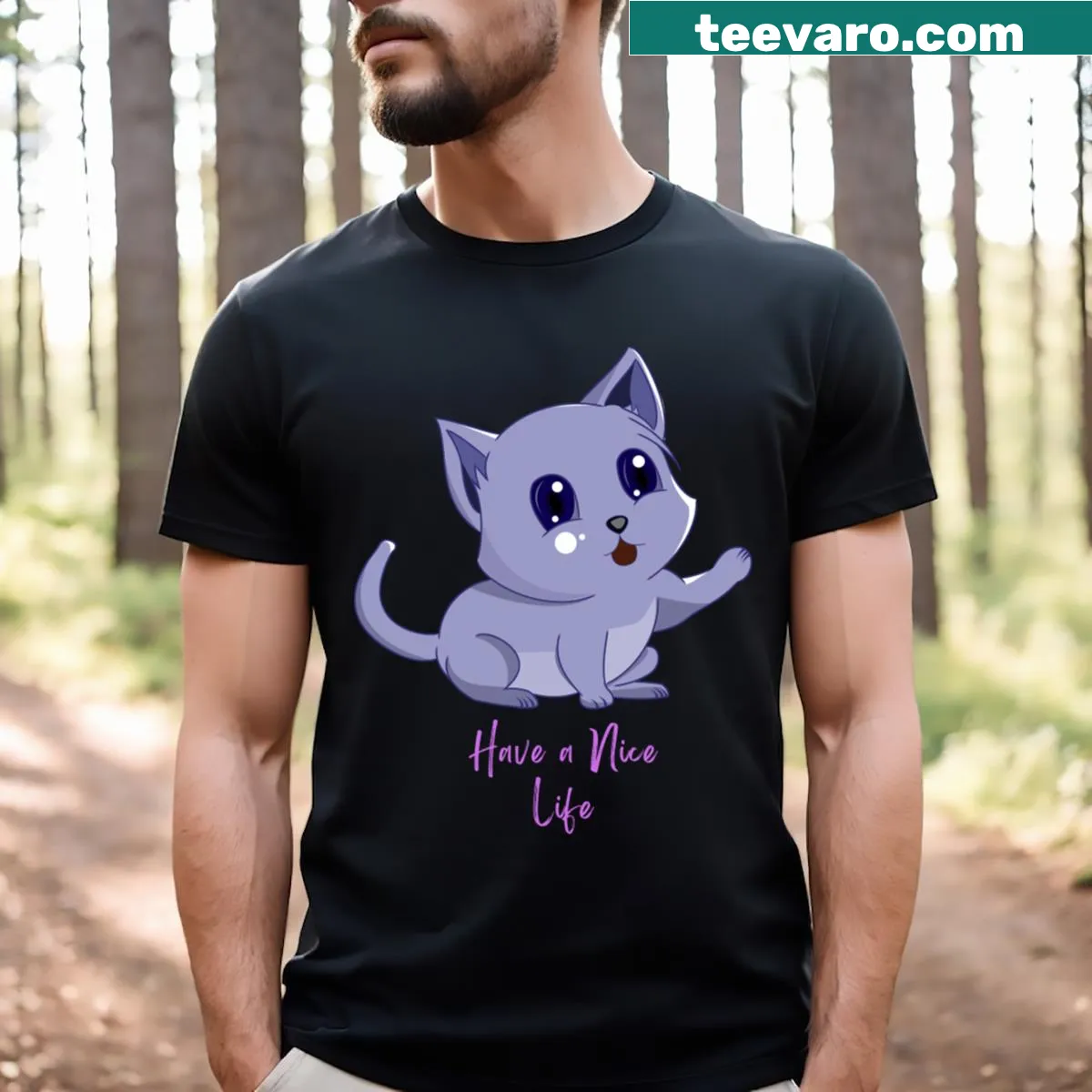 Adorable kitten graphic t-shirt with 'Have A Nice Life' text — on a men's t-shirt