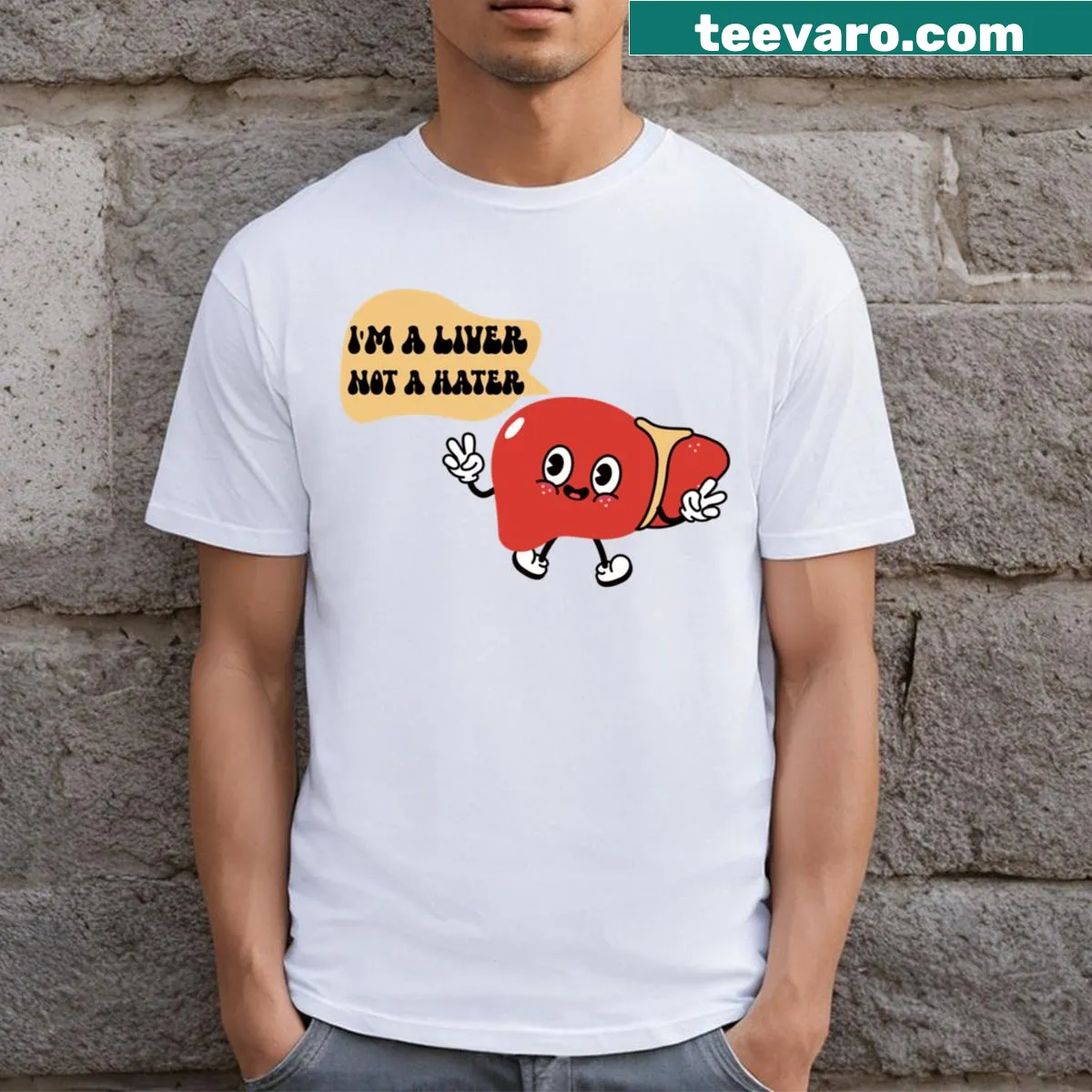 Funny nursing pun T-shirt with 'I'm A Liver Not A Hater' text — on a men's t-shirt