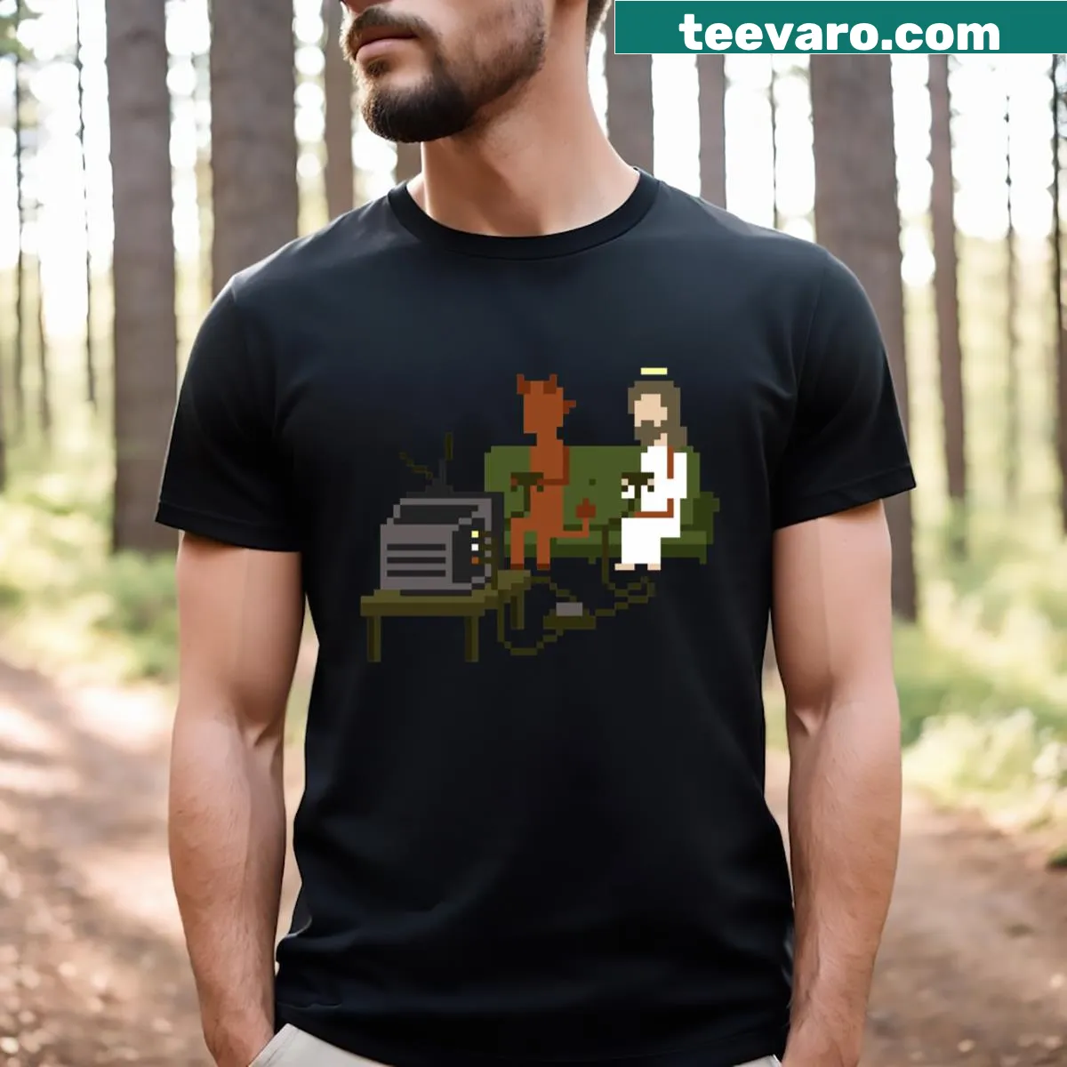Pixel art of Jesus and the Devil playing video games — on a men's t-shirt
