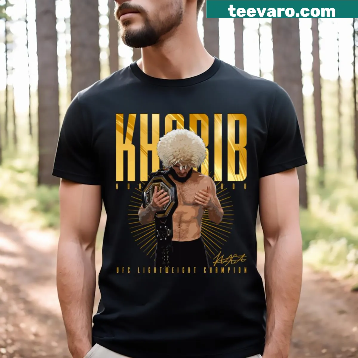 T-shirt featuring Khabib Nurmagomedov in a dynamic fighting pose. — on a men's t-shirt