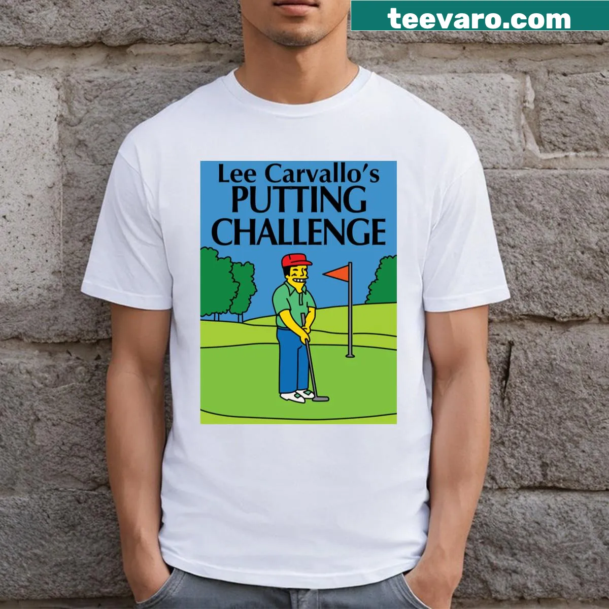 Graphic t-shirt featuring elements from Lee Carvallo's Putting Challenge — on a men's t-shirt