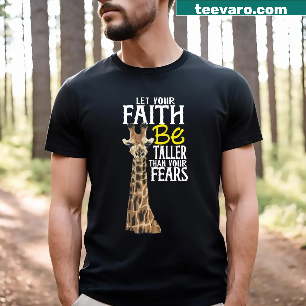 Illustrative T-shirt with giraffe and inspirational quote about faith — on a men's t-shirt