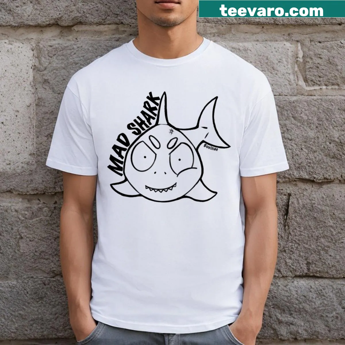 Edgy Mad Shark cartoon t-shirt design — on a men's t-shirt