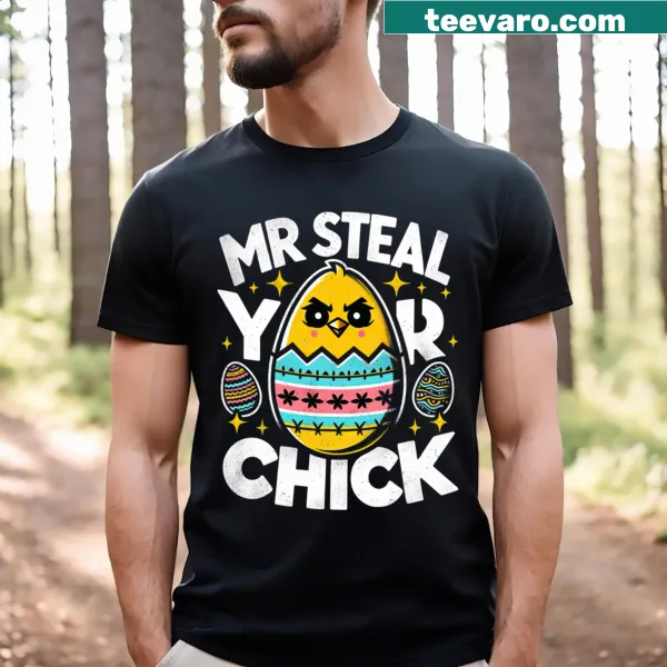 Funny cartoon T-shirt for kids with 'Mr Easter Steal Your Chick' design