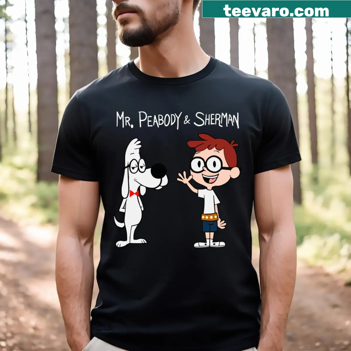 Cartoon design featuring Mr. Peabody and Sherman on T-shirt. — on a men's t-shirt