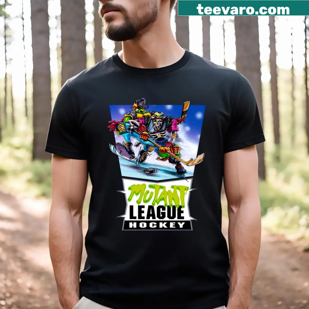 T-shirt featuring graphics from Mutant League Hockey — on a men's t-shirt