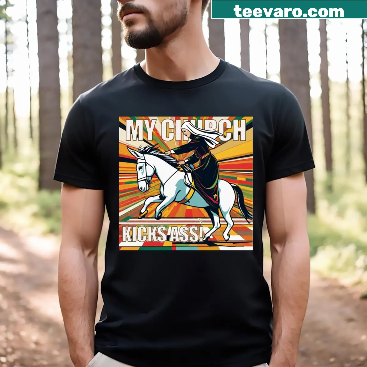 T-shirt with bold text 'My Church Kicks Ass!' — on a men's t-shirt