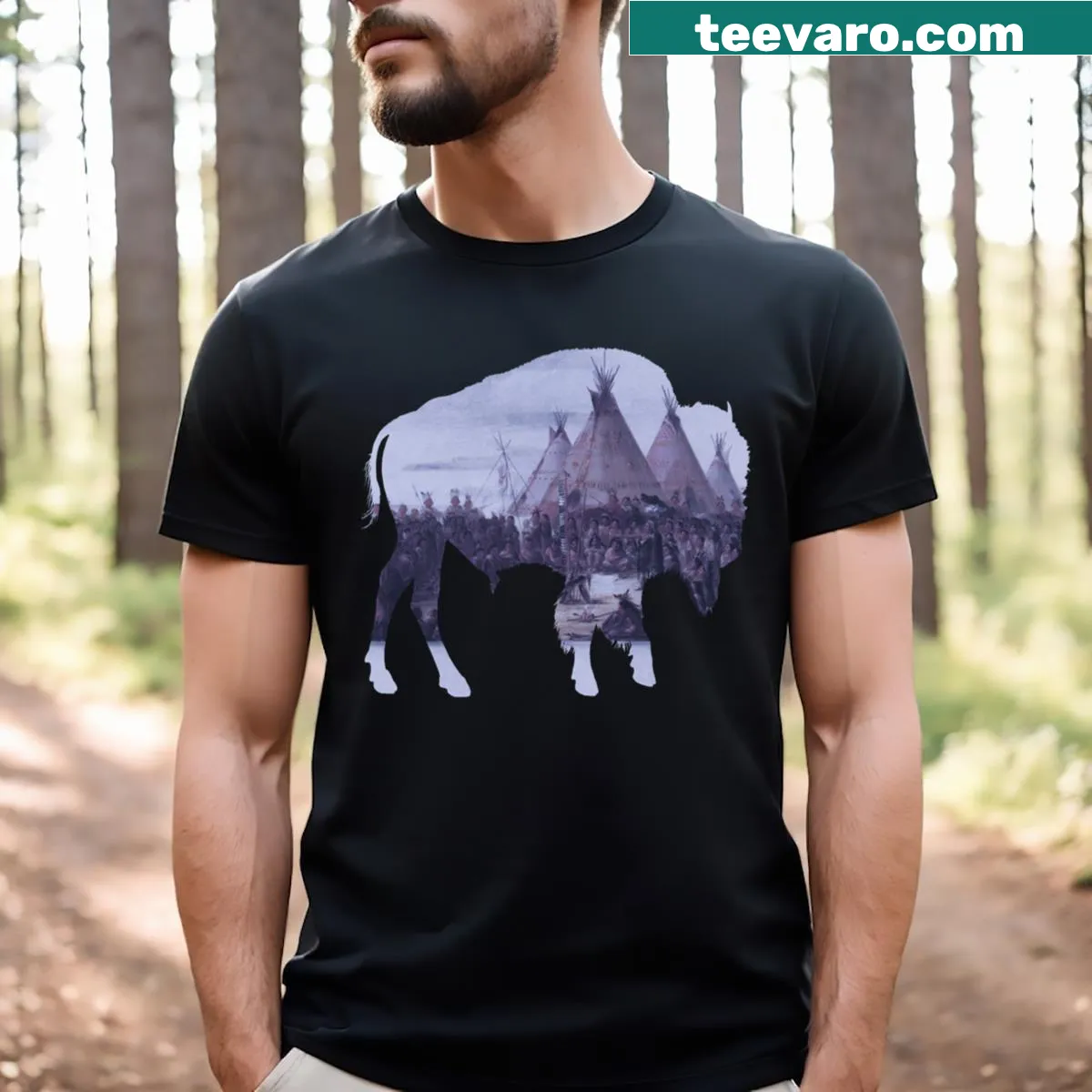 Illustration of a buffalo representing Native American heritage on a t-shirt — on a men's t-shirt