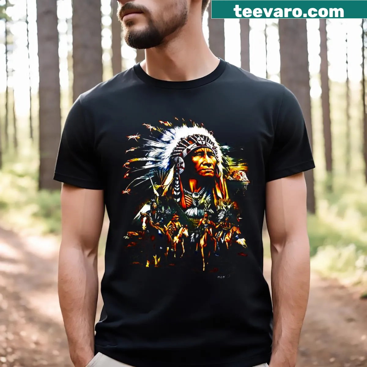 Native American Indian chief graphic T-shirt showcasing traditional headgear — on a men's t-shirt