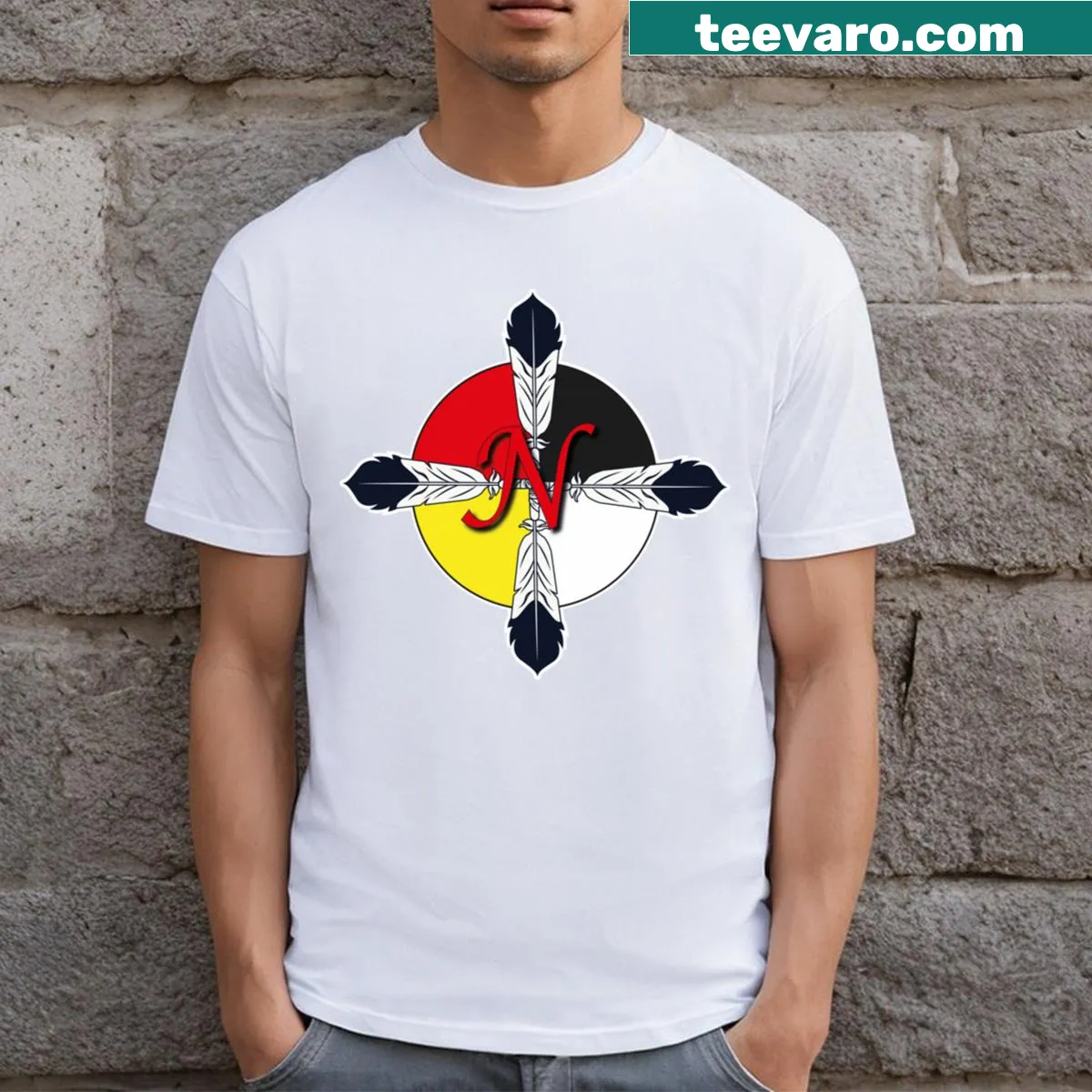 Graphic of a Native American Medicine Wheel on a t-shirt — on a men's t-shirt