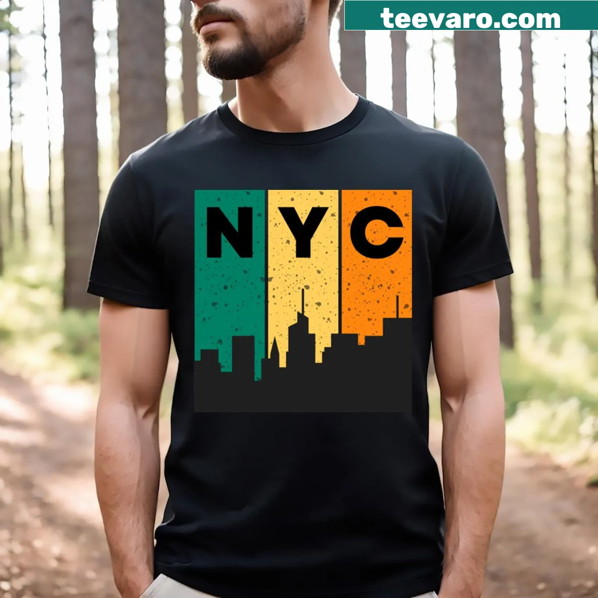 T-shirt featuring an illustration of the New York City skyline — on a men's t-shirt