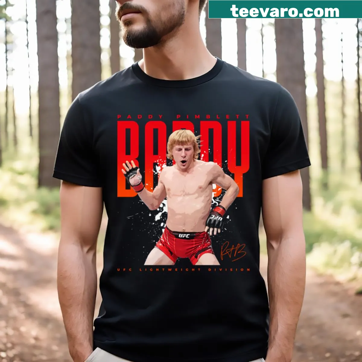 Illustration of Paddy Pimblett on a bold sports t-shirt — on a men's t-shirt