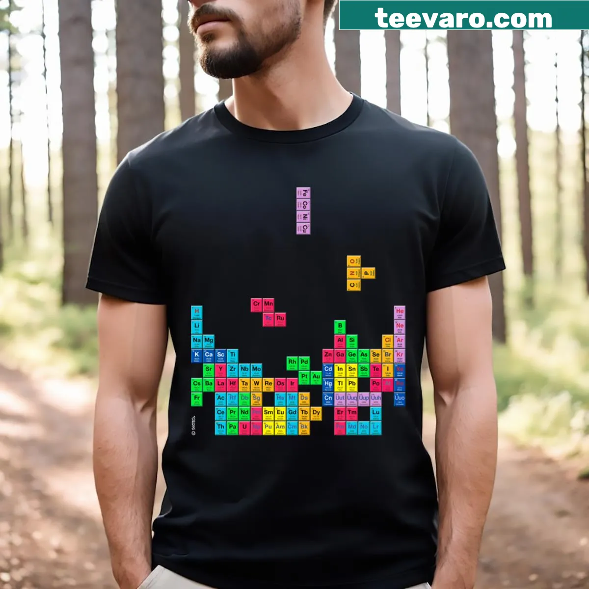 Minimalist periodic table graphic on a science-themed t-shirt — on a men's t-shirt