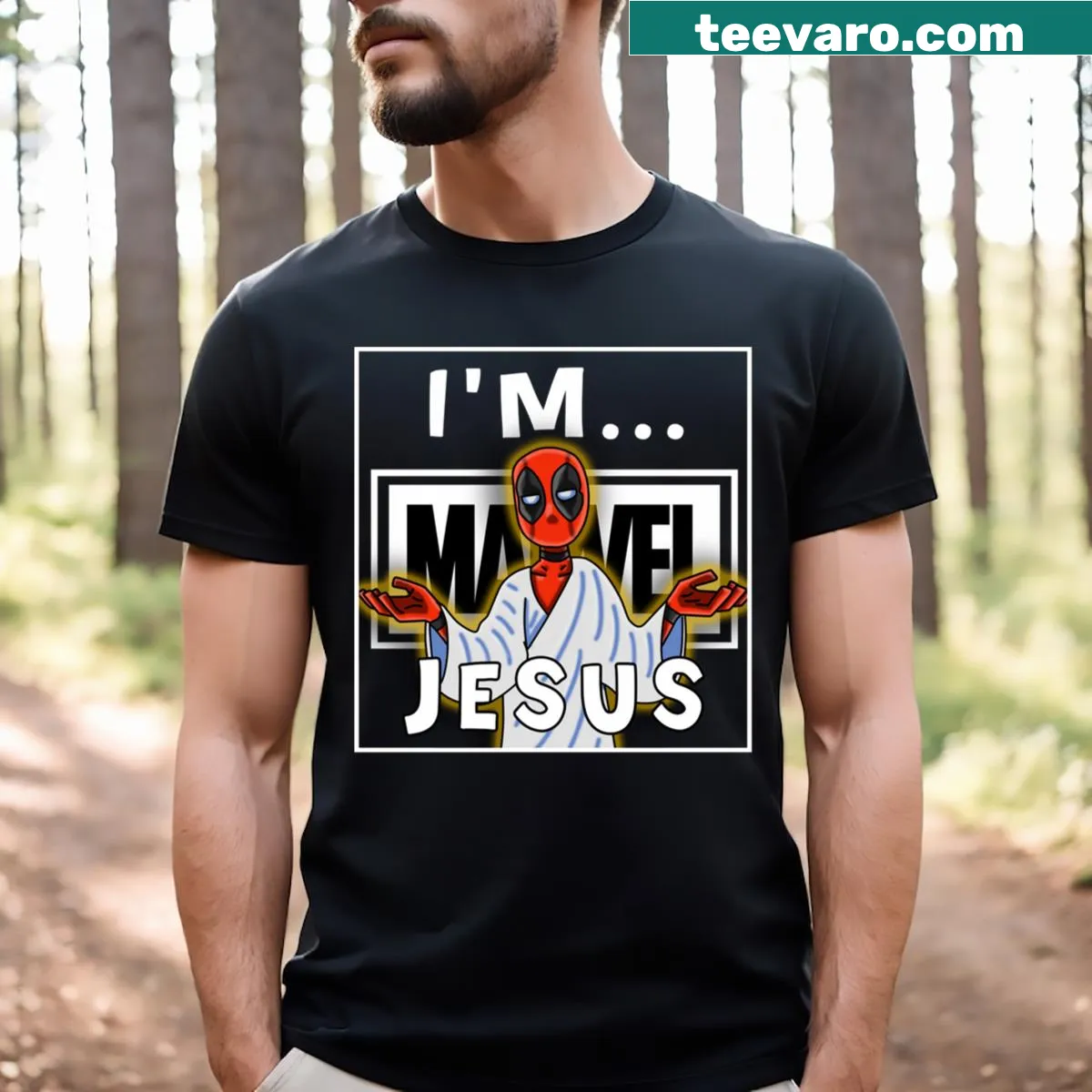 T-shirt featuring a playful illustration of Pool Jesus — on a men's t-shirt