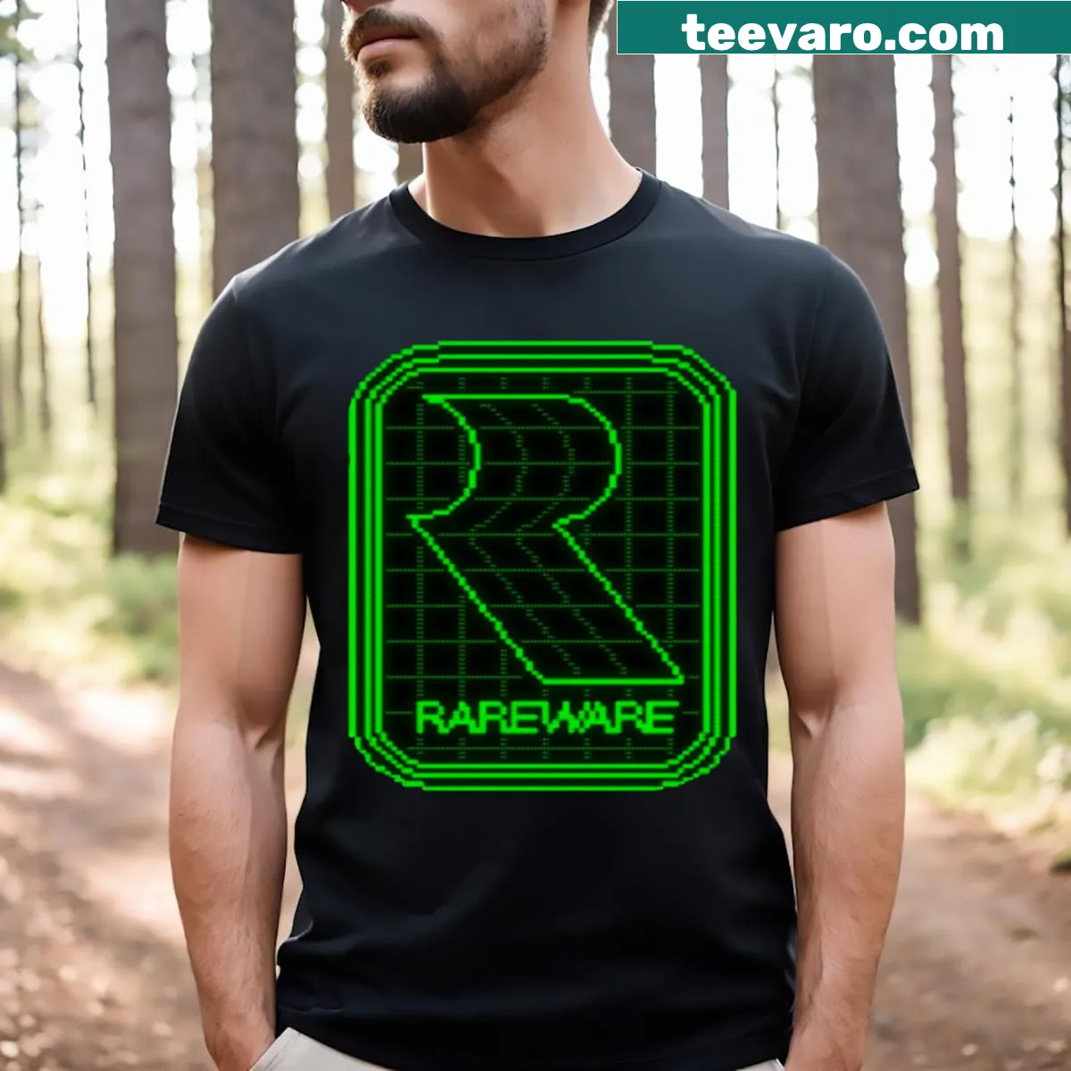 Rareware t-shirt featuring a logo design celebrating classic video games. — on a men's t-shirt