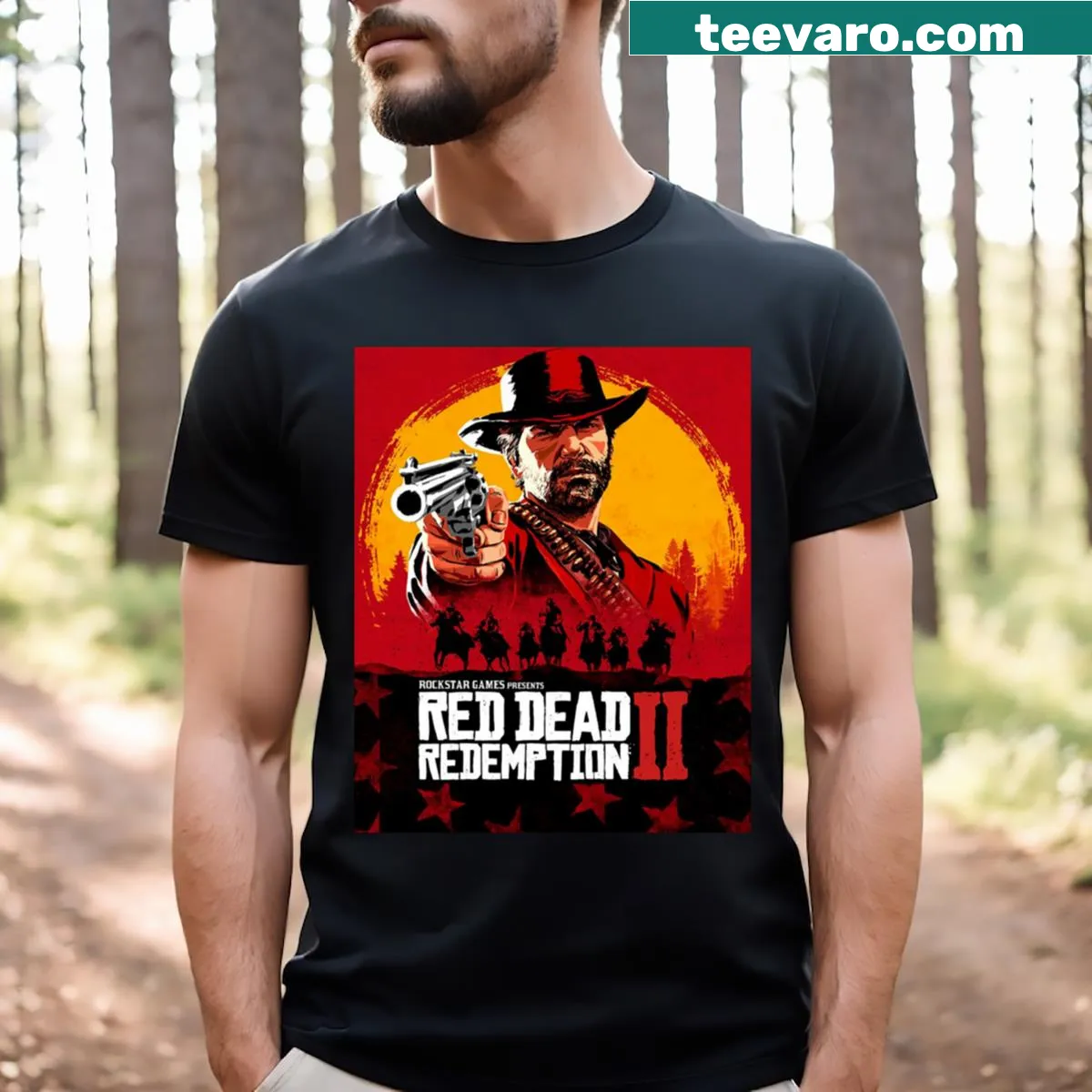 Red Dead Redemption II T-shirt featuring iconic game artwork — on a men's t-shirt
