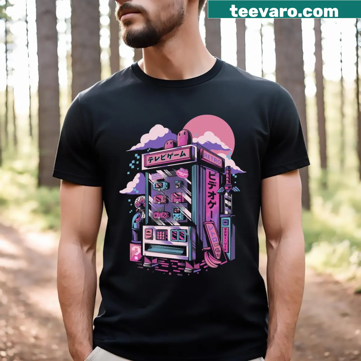 Retro Gaming Machine T-shirt with classic arcade graphics — on a men's t-shirt