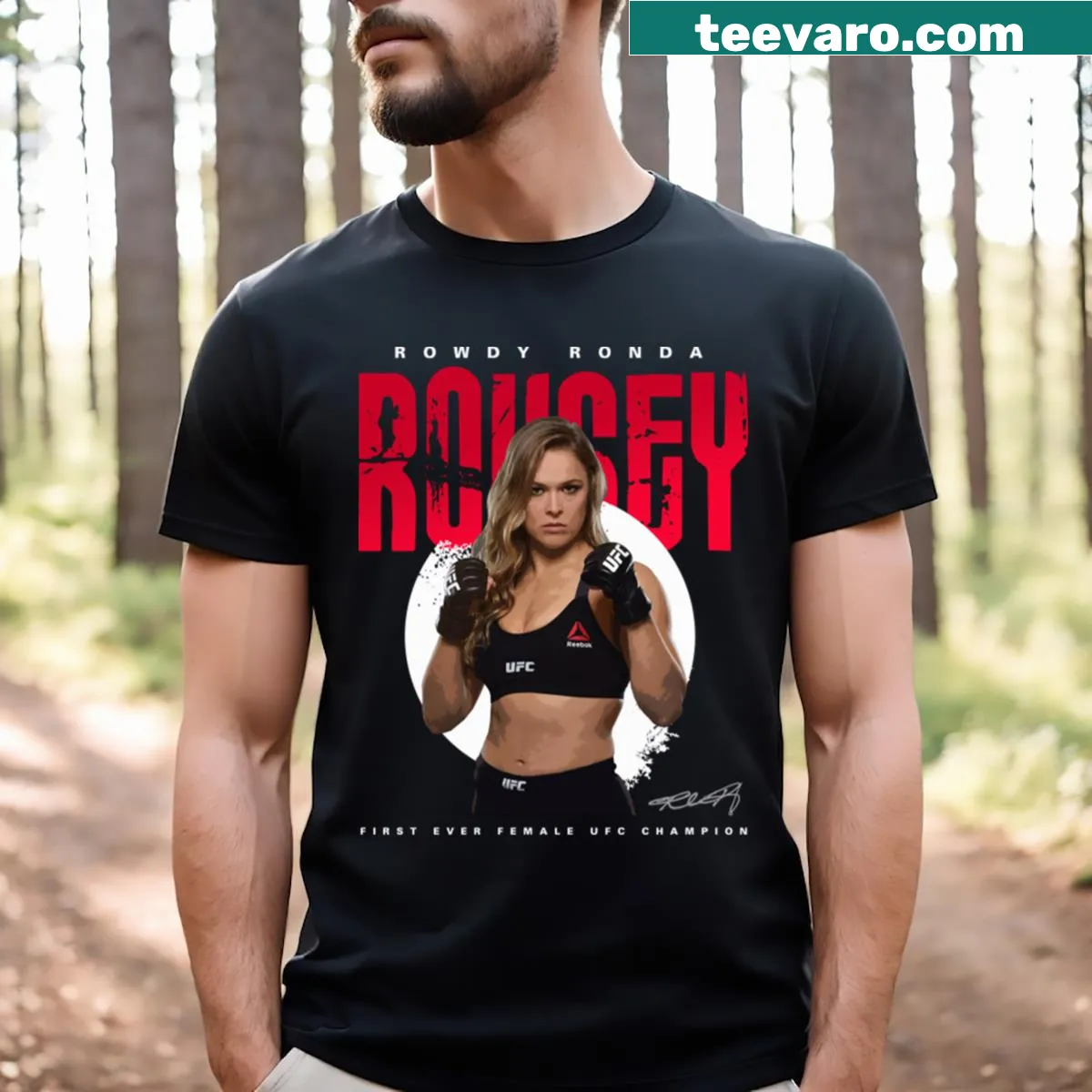 Illustrative T-shirt featuring Ronda Rousey in a confident pose — on a men's t-shirt