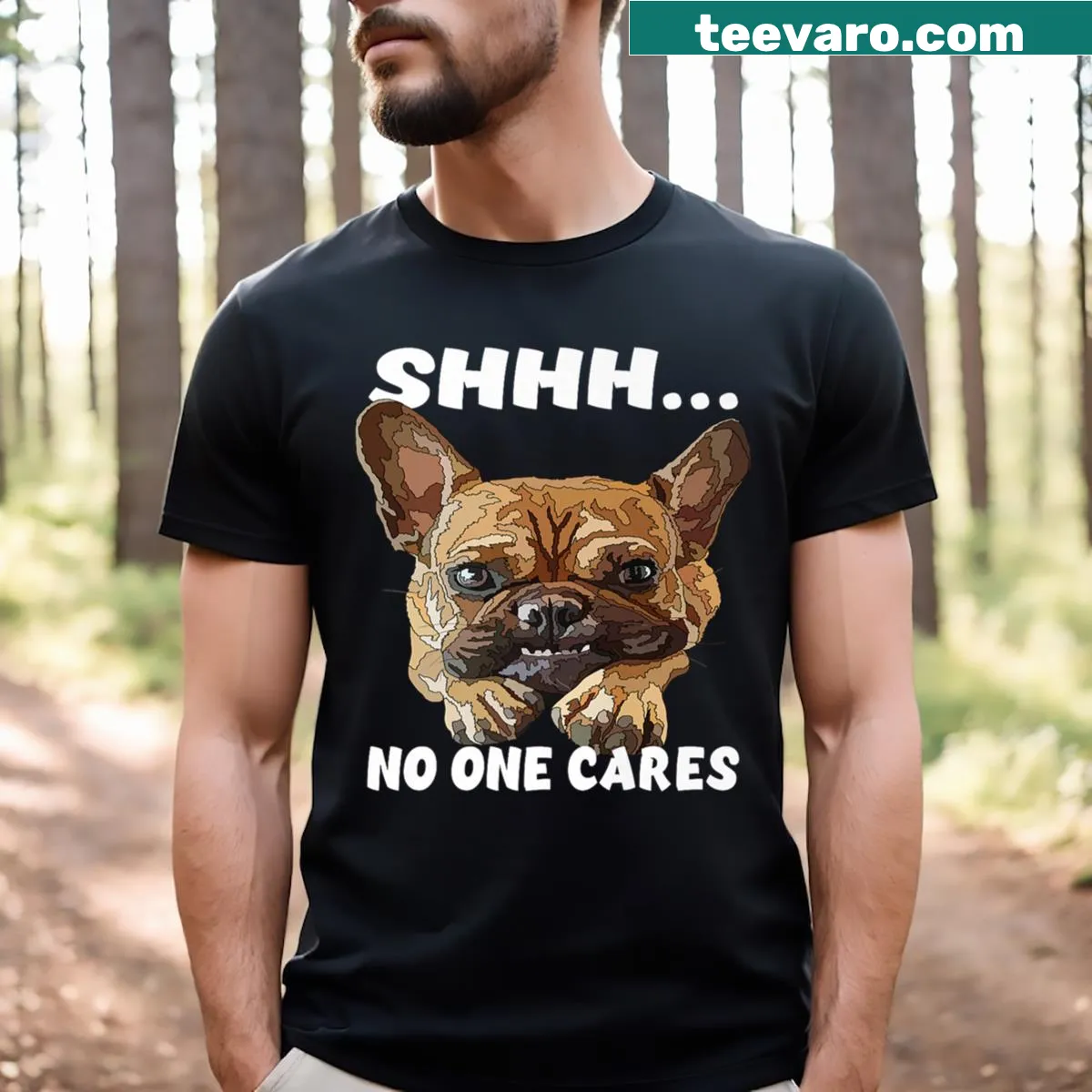 Sarcastic typography t-shirt with the phrase No One Cares — on a men's t-shirt