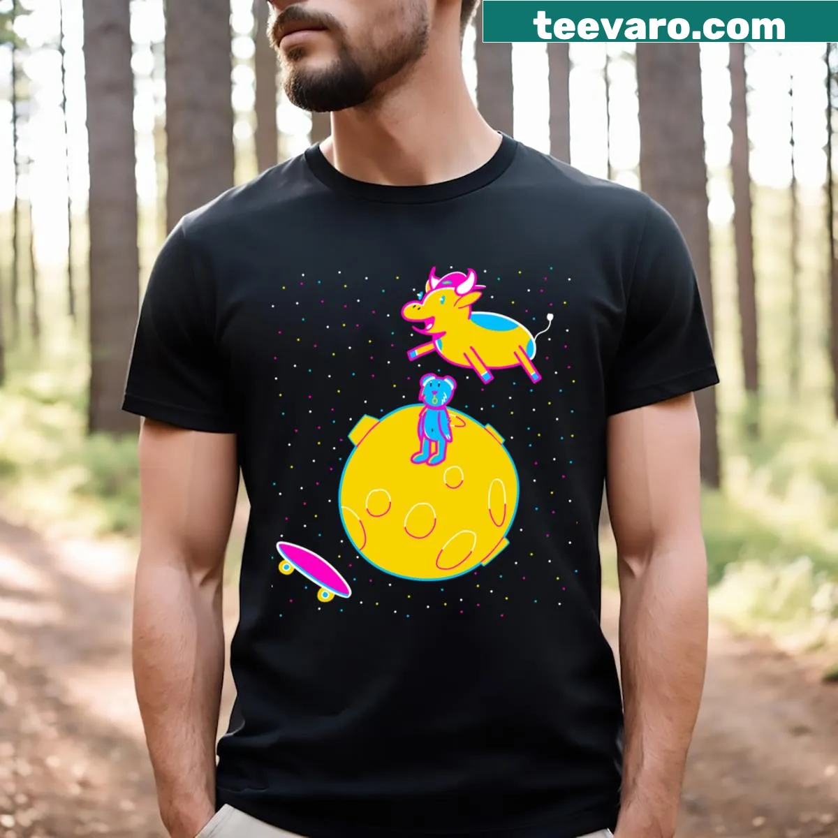 Cartoon cow on skateboard jumping over the moon t-shirt — on a men's t-shirt