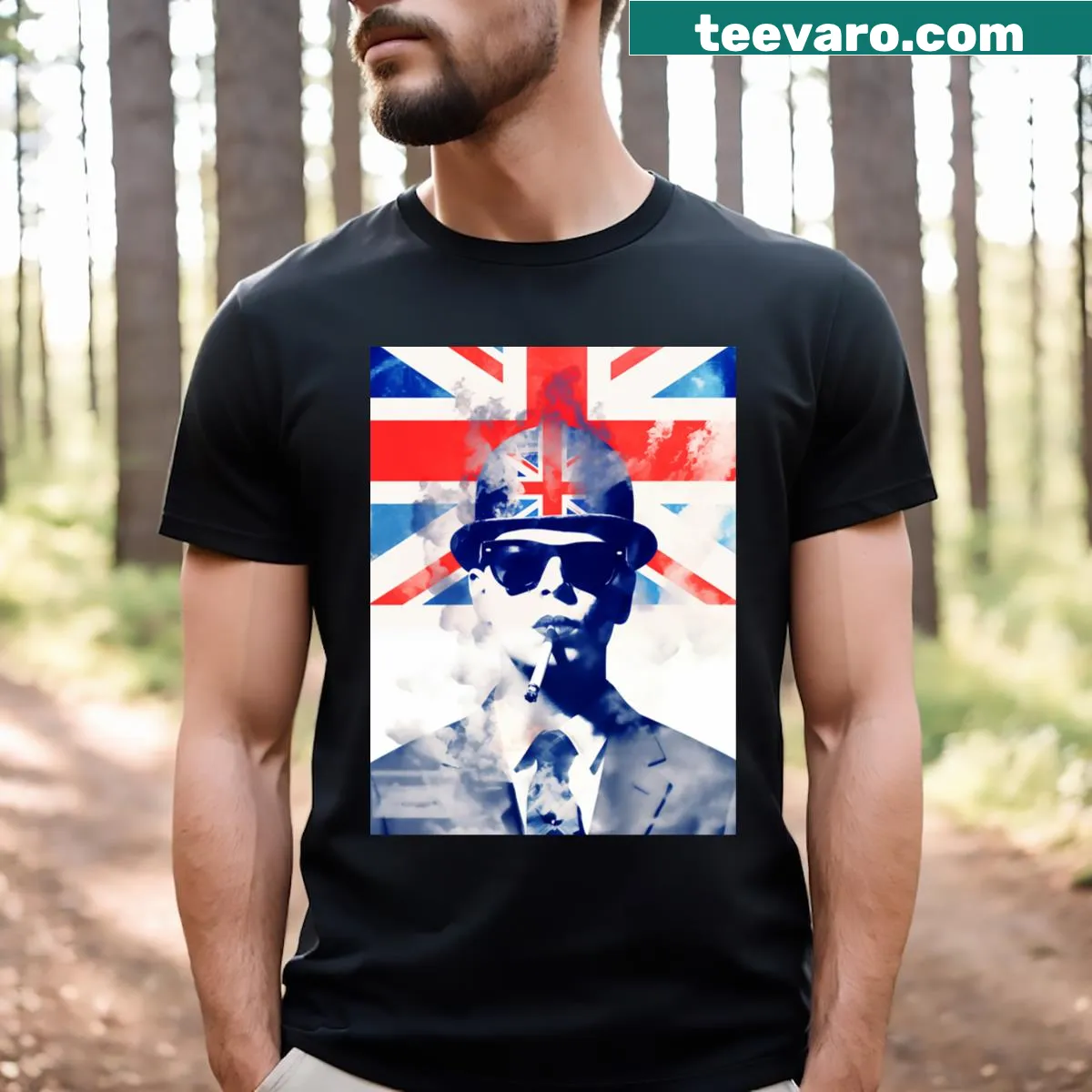 Illustration of London skyline with smoke in risograph style on a T-shirt — on a men's t-shirt