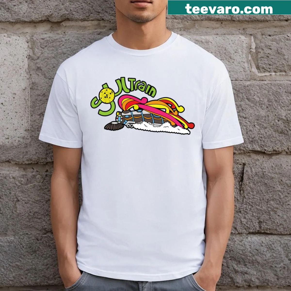 Retro typography celebrating Soul Train on a t-shirt — on a men's t-shirt