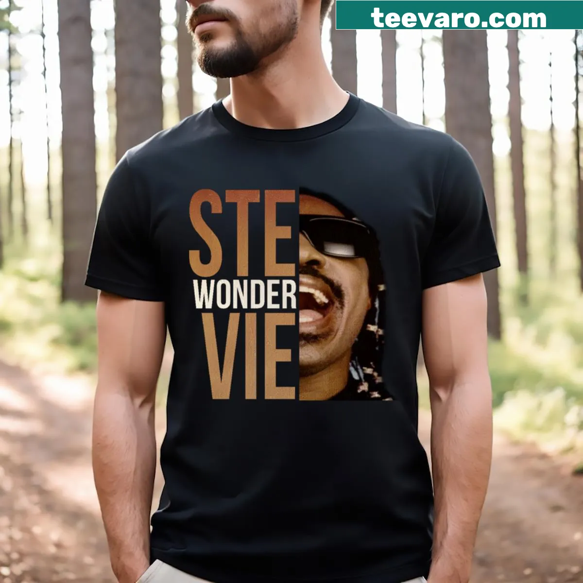 Graphic T-shirt of Stevie Wonder in sunglasses with smiling face — on a men's t-shirt