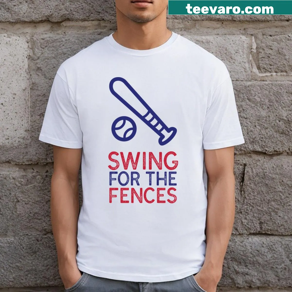 Motivational T-shirt featuring the phrase 'Swing For The Fences' with an illustrative design — on a men's t-shirt