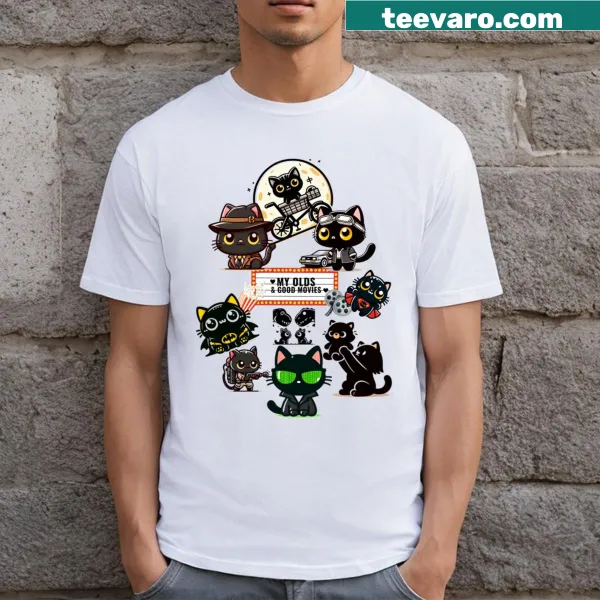 T-shirt showcasing a collection of iconic movie cats for cat lovers