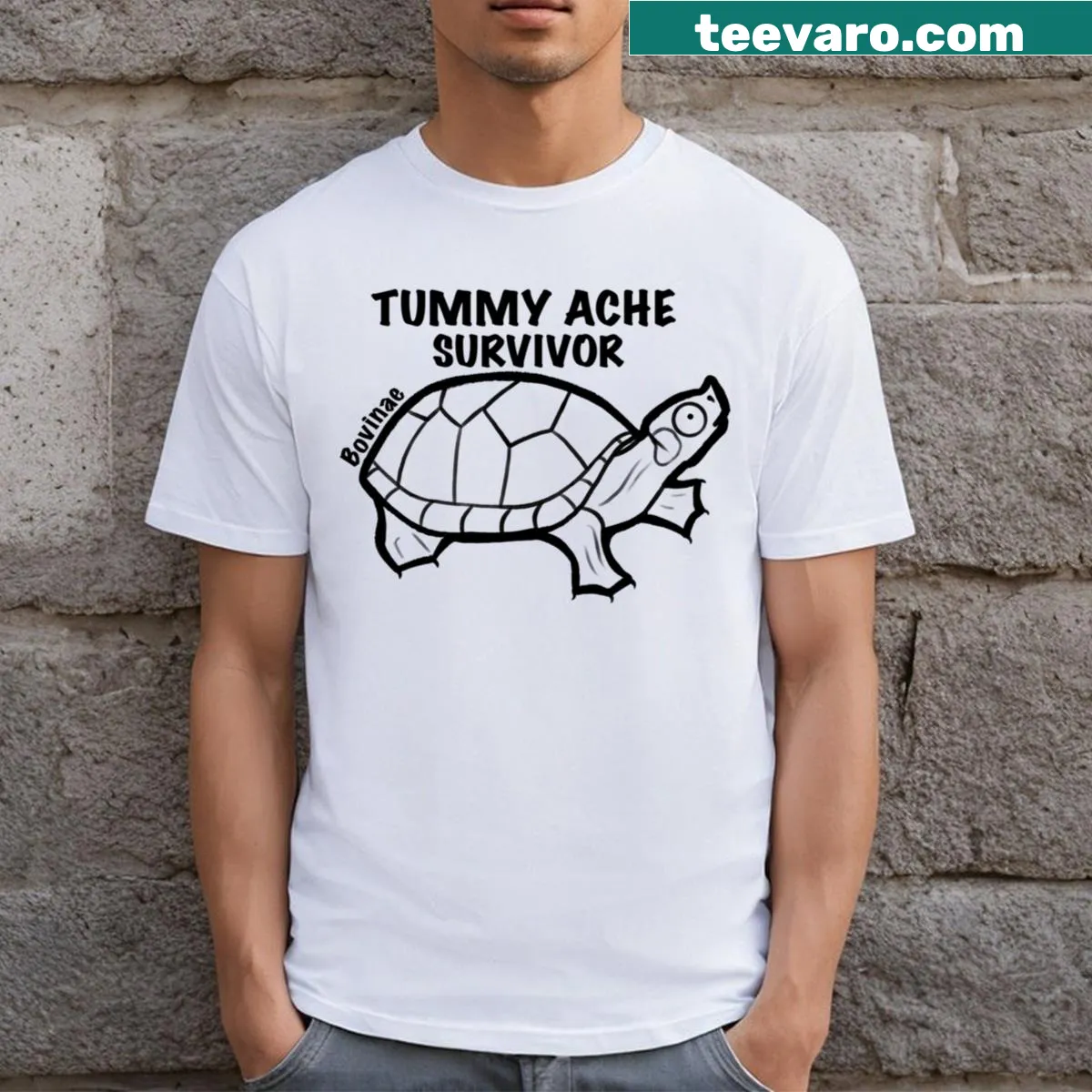 Outline graphic of a turtle with Tummy Ache Survivor text for kids. — on a men's t-shirt