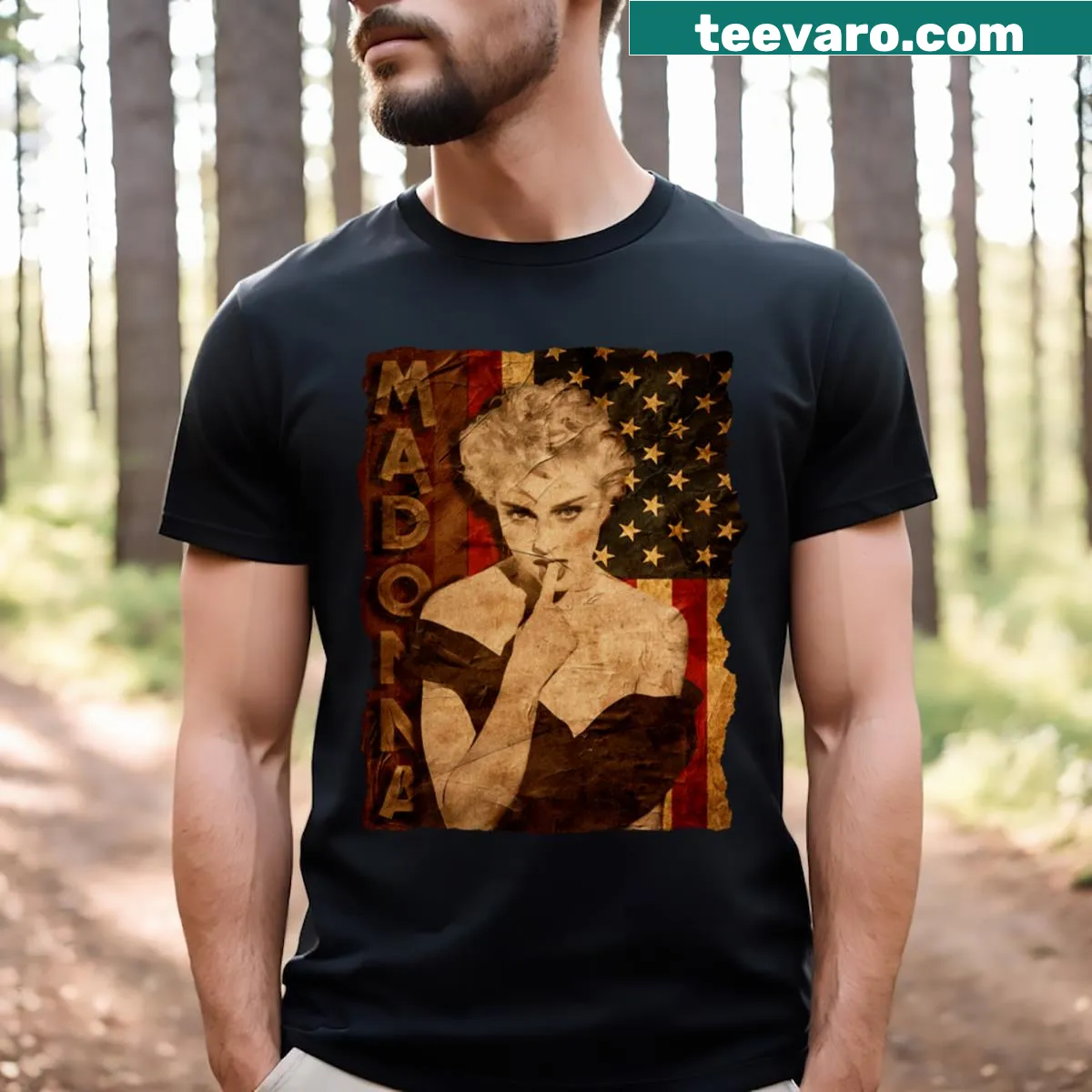 USA flag graphic with Madonna name on a T-shirt — on a men's t-shirt