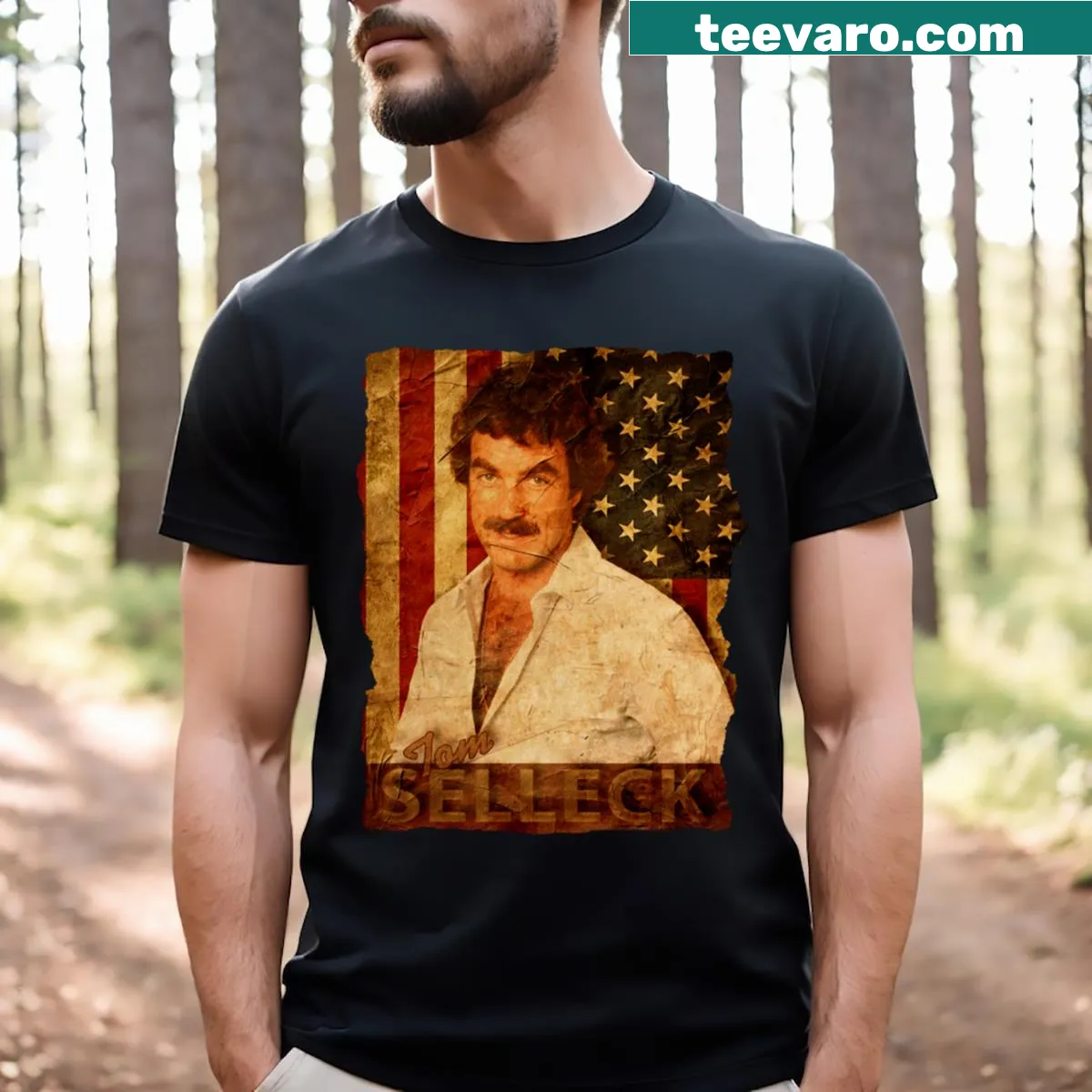 USA flag graphic with Tom Selleck name on a T-shirt — on a men's t-shirt