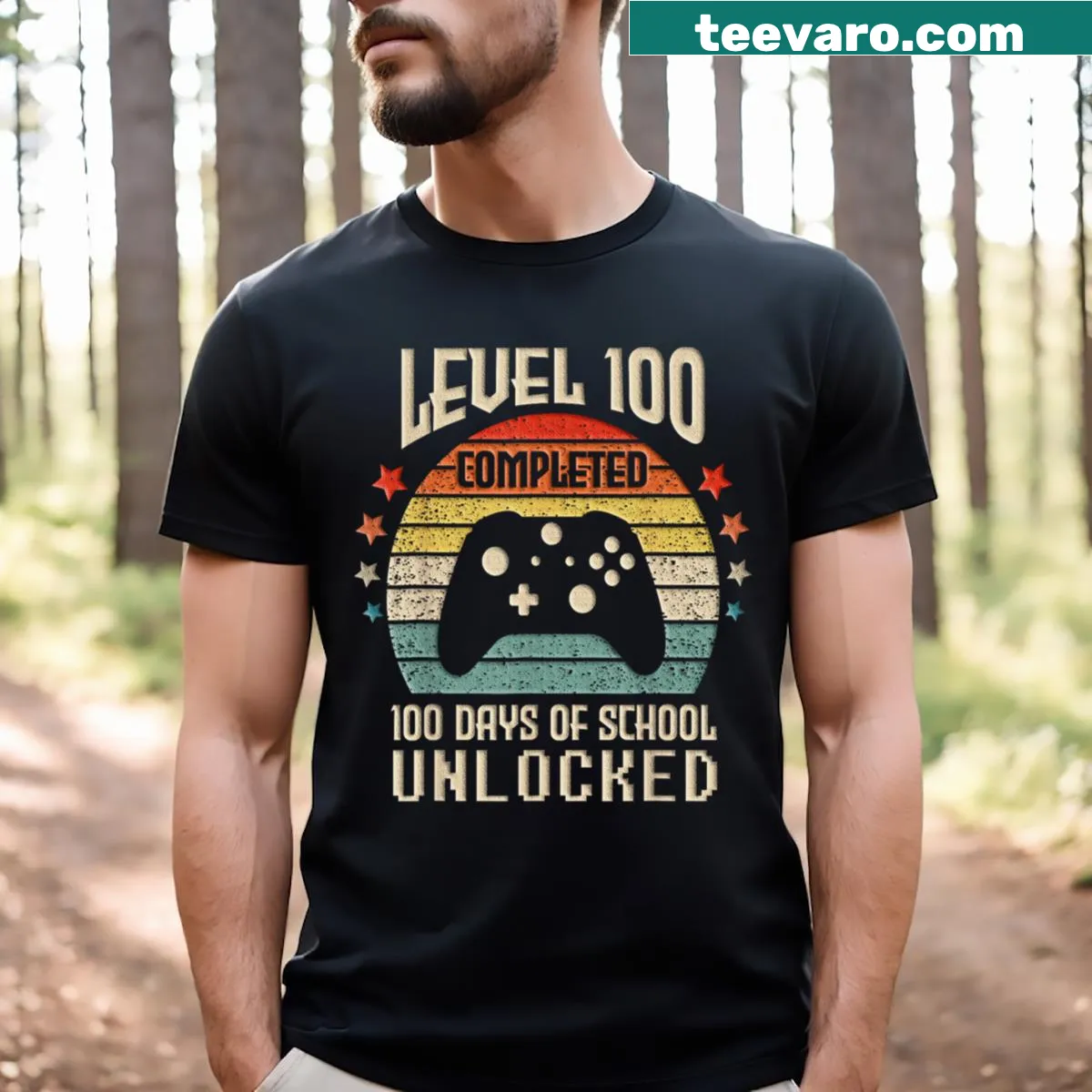 T-shirt celebrating 100th day of school with video game theme — on a men's t-shirt
