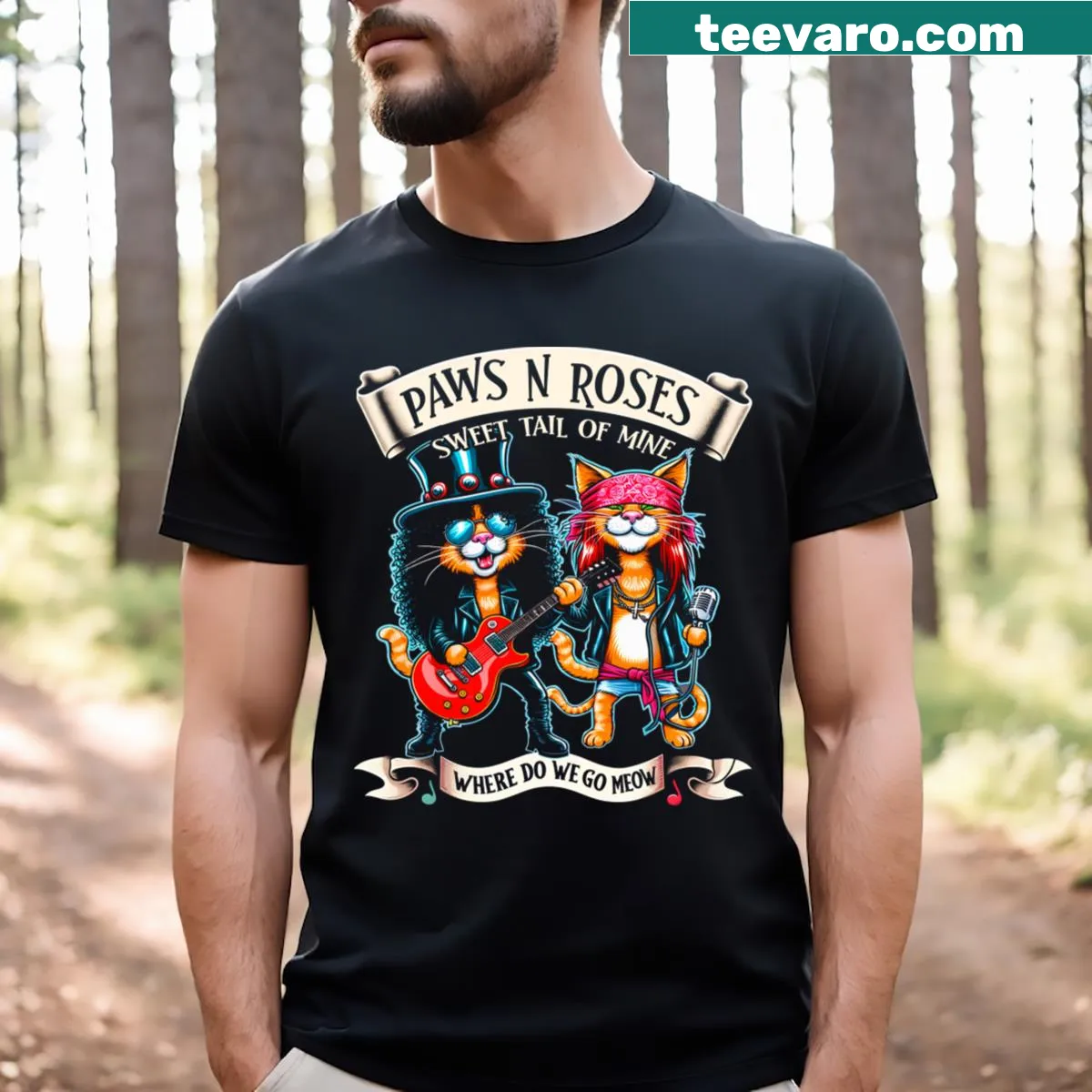Funny cat graphic with a playful gun and rock theme — on a men's t-shirt
