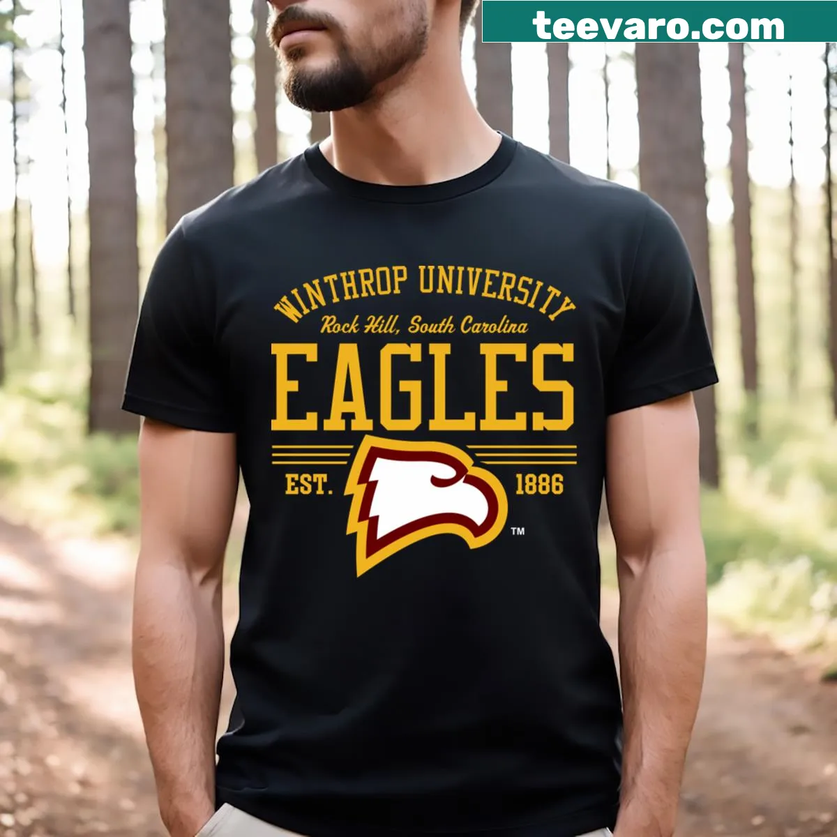 Winthrop University pride t-shirt with eagle and established date — on a men's t-shirt