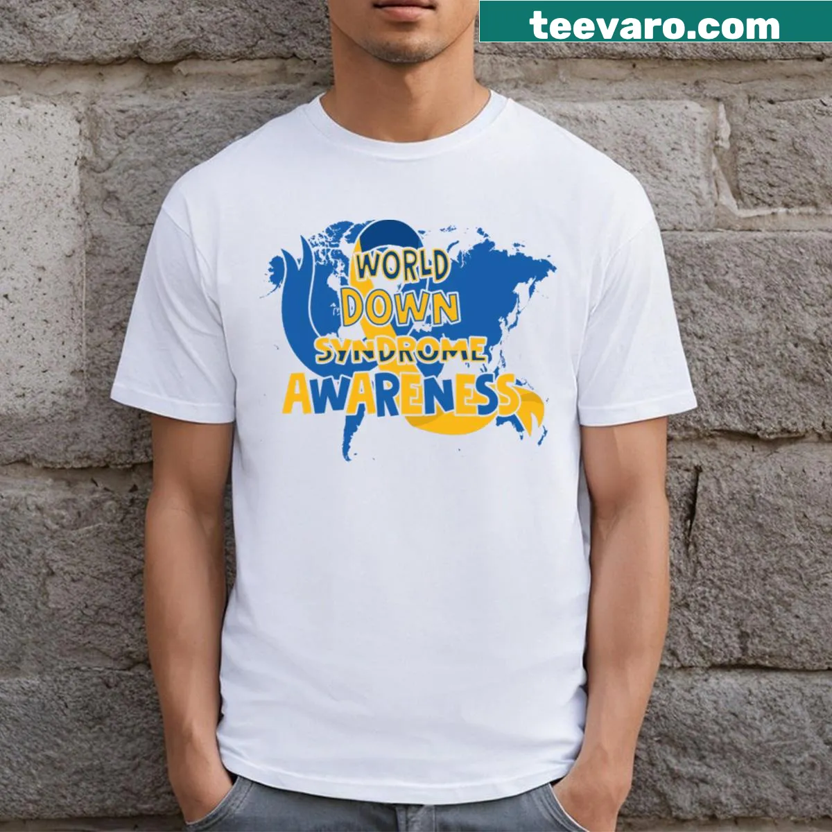 T-shirt with blue and yellow ribbon design for Down Syndrome awareness — on a men's t-shirt