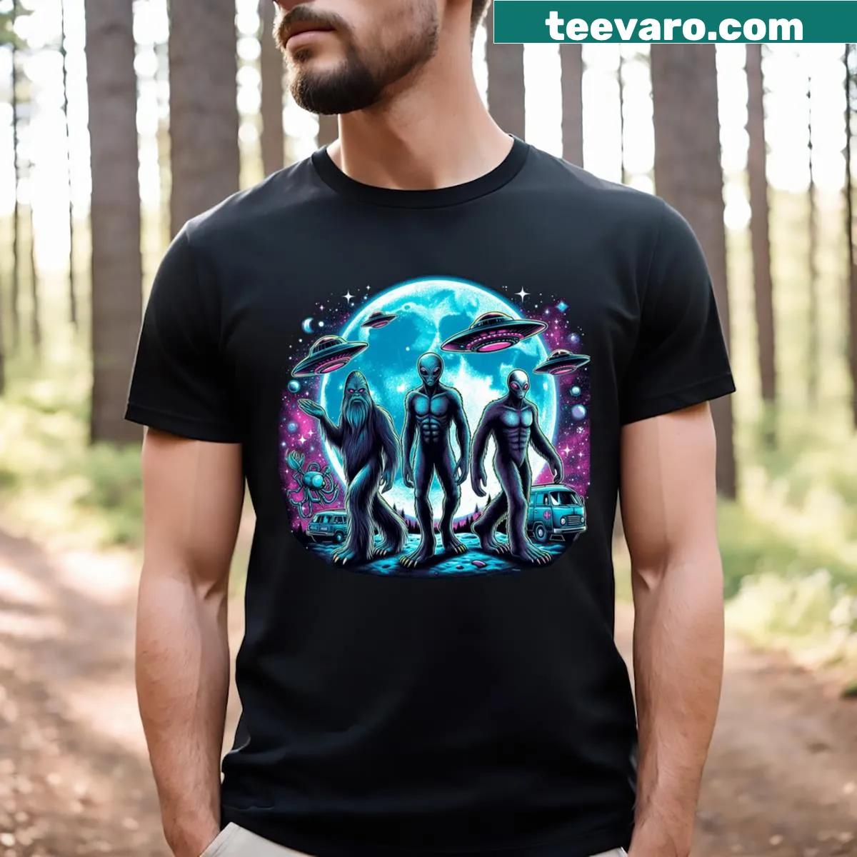 Playful T-shirt featuring aliens and Bigfoot under the moon — on a men's t-shirt