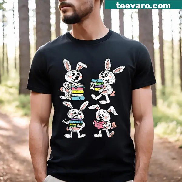 T-shirt with an illustration of a bunny reading books for Easter