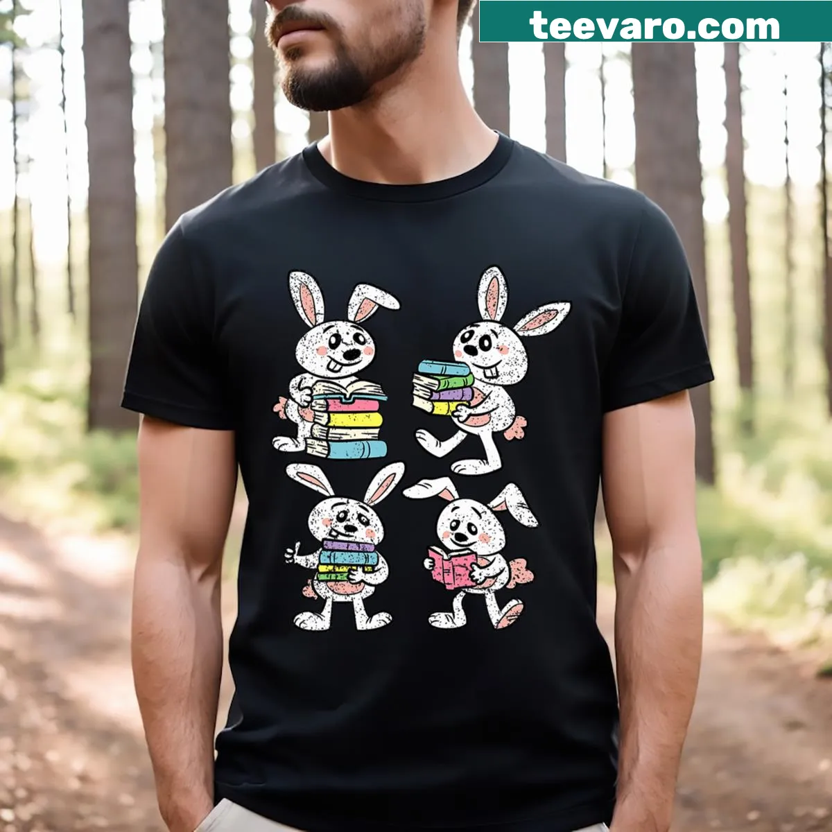 T-shirt with an illustration of a bunny reading books for Easter — on a men's t-shirt