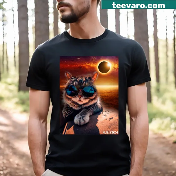 Funny cat selfie design with solar eclipse glasses on a T-shirt
