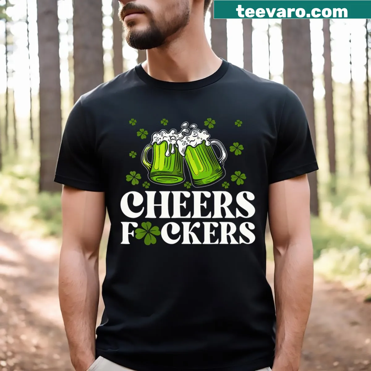 Illustrative St. Patrick's Day T-shirt featuring beer mugs and funny text — on a men's t-shirt
