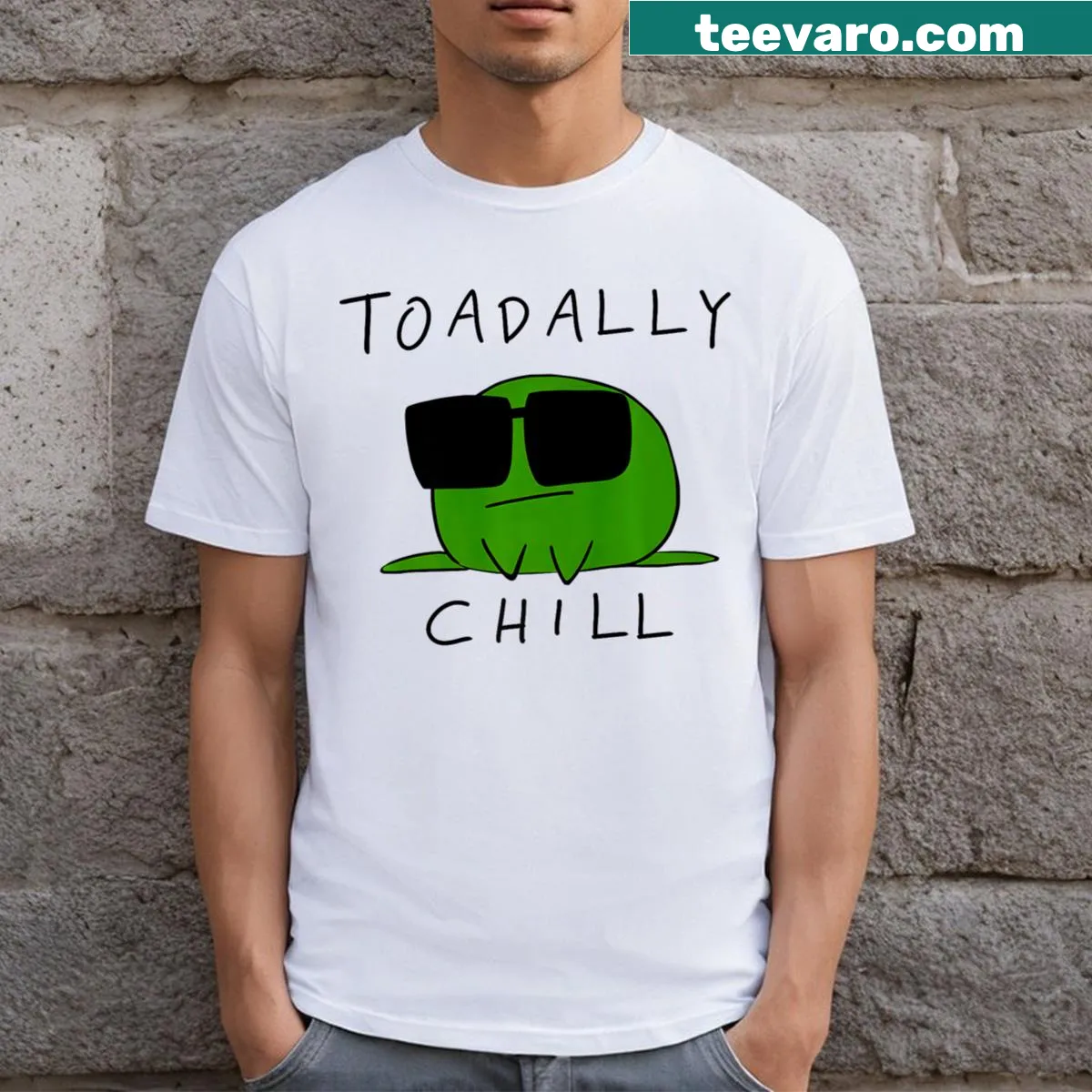 Cartoon frog wearing sunglasses with Chill Frog text — on a men's t-shirt