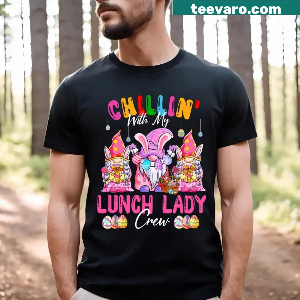 Three cartoon gnomes with Chillin' With My Lunch Lady text