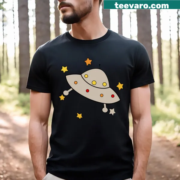 Cartoon alien in a flying saucer on a t-shirt