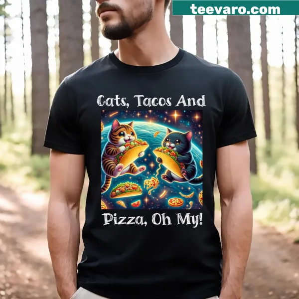 Cute cats eating tacos and pizza in space graphic on t-shirt