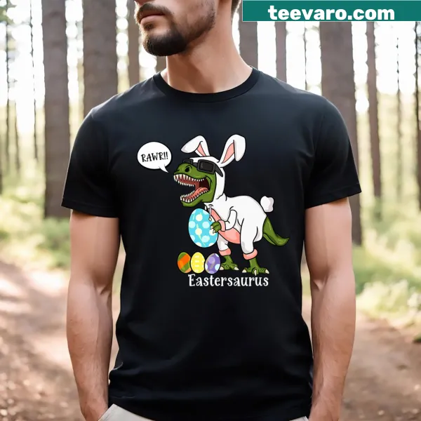 Funny Easter t-shirt featuring a T-Rex bunny saying 'Rawr!'