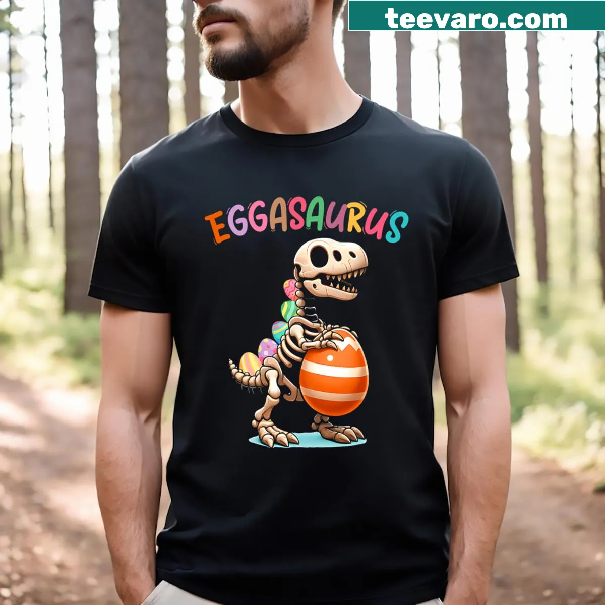 Cartoon stegosaurus with Easter eggs graphic for kids — on a men's t-shirt