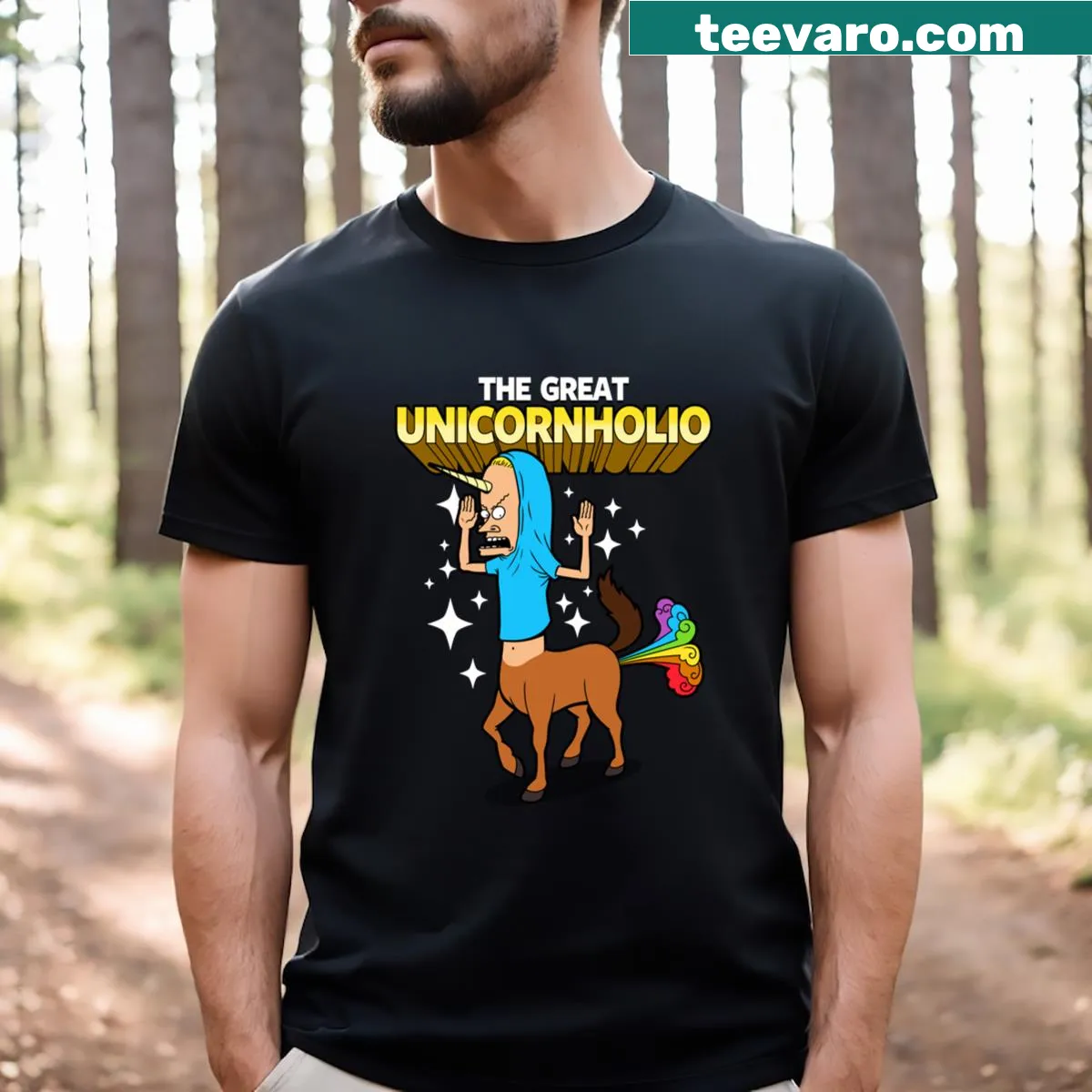 Playful unicorn illustration on a whimsical t-shirt — on a men's t-shirt
